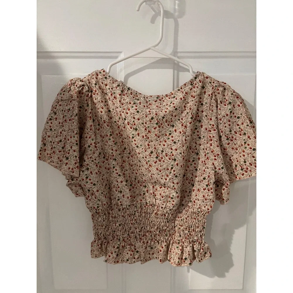 C+D+M Floral Smocked Crop Top Flutter Sleeve Blouse‎ Cottagecore Size S - Picture 3 of 3